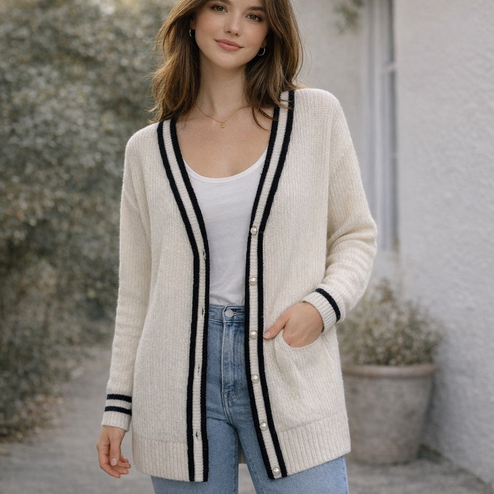 BP White Cardigan with Black Accents
